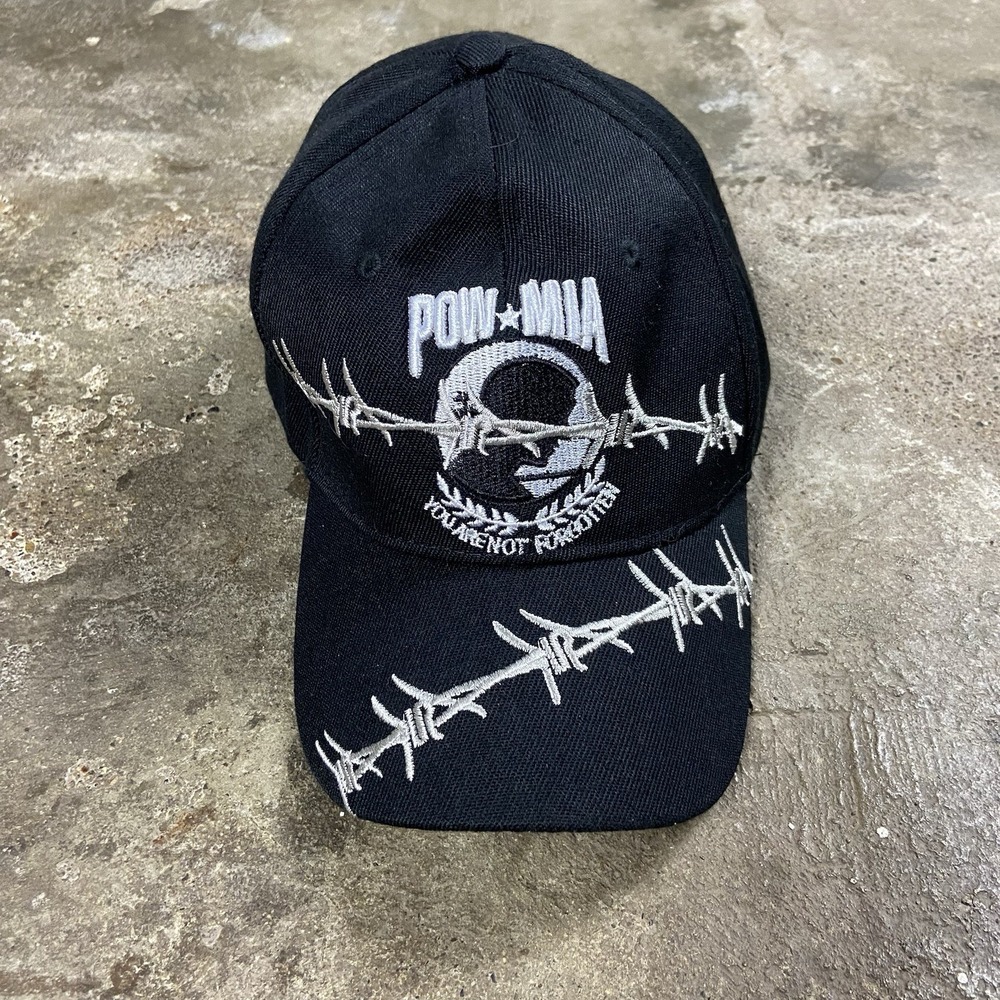 POW MIA Cap Strap Back Adjustable Black Barbed Wire You Are Not Forgotten Logo
